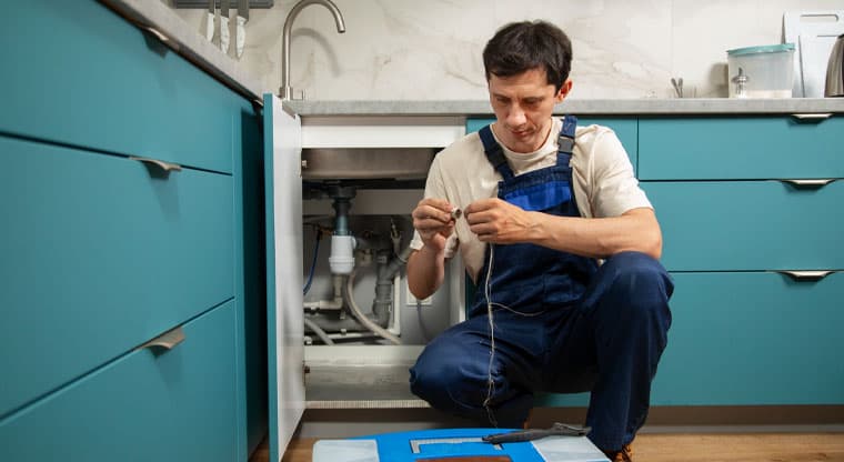 Plumber handling emergency burst pipe call at night