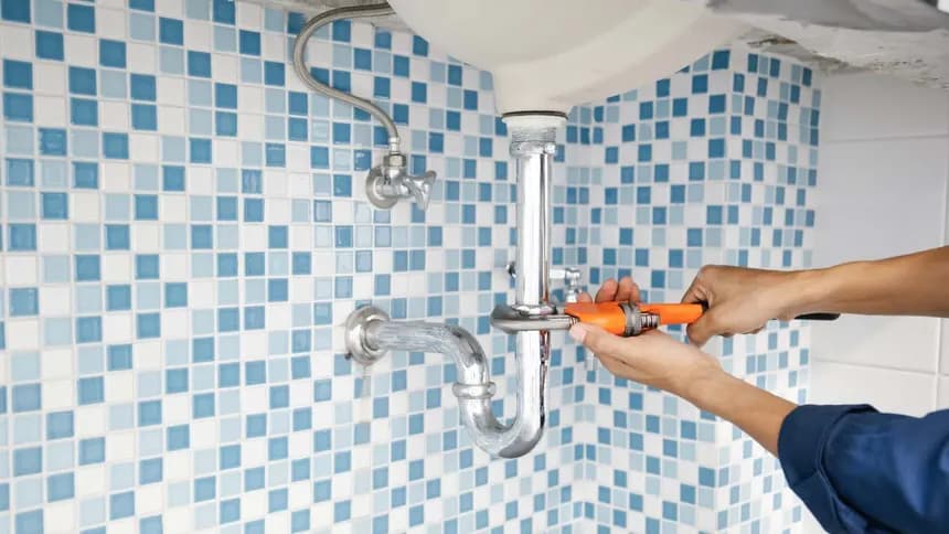 Small plumbing leak under sink showing water damage to cabinet - Atlas Plumbing Corp Chico CA