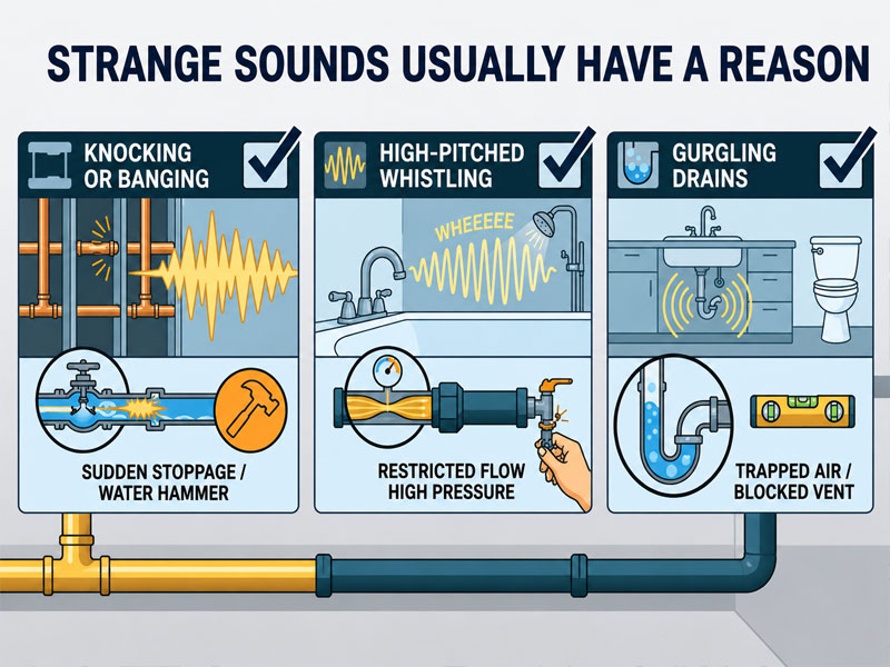 Checklist of three common plumbing sounds and what they mean: knocking or banging, high-pitched whistling, and gurgling drains.